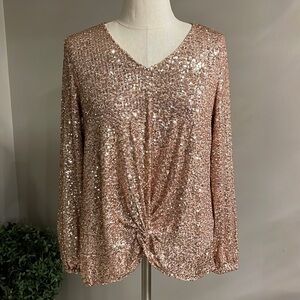 Cable & gauge formal GLAM sequins top blouse ROSE GOLD long bubble sleeve size L